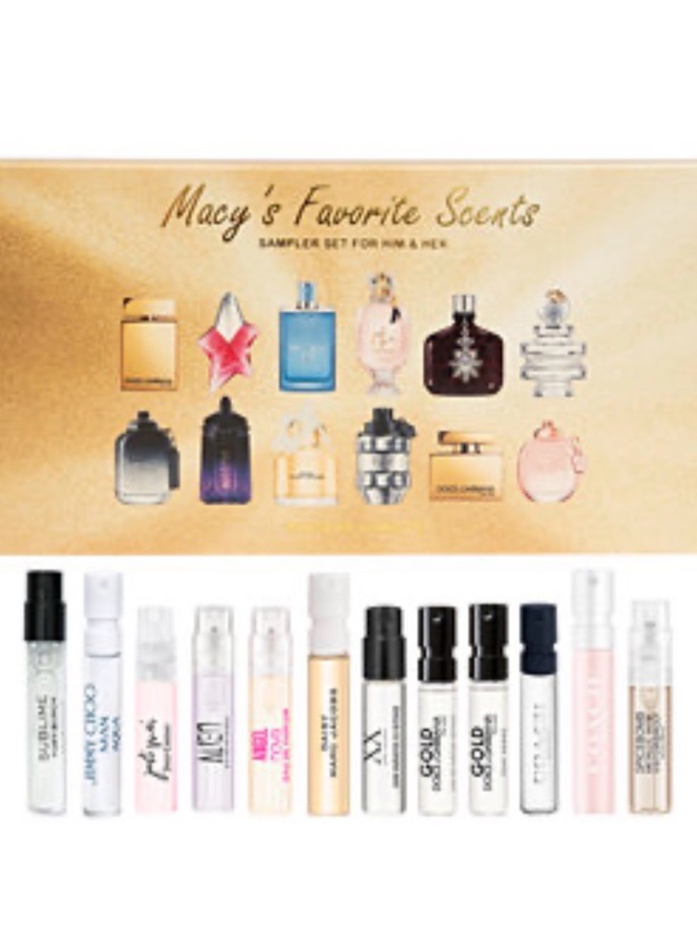 Macy's Women’s Fragrance Sample Set - Gold Packaging with Assorted Vial Colors